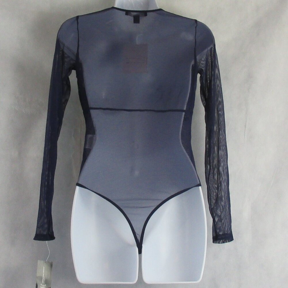 INC Women's Long-Sleeve Lace Mesh Thong Bodysuit, Vibrant Navy Blue, Small - Picture 3 of 7